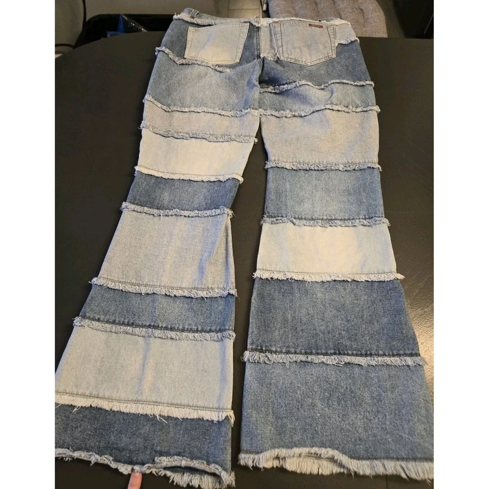 Zana Di Women's Wide-Leg Colorblock Fringe Blue Denim Jeans Size 13 Hippy Boho - Picture 2 of 8